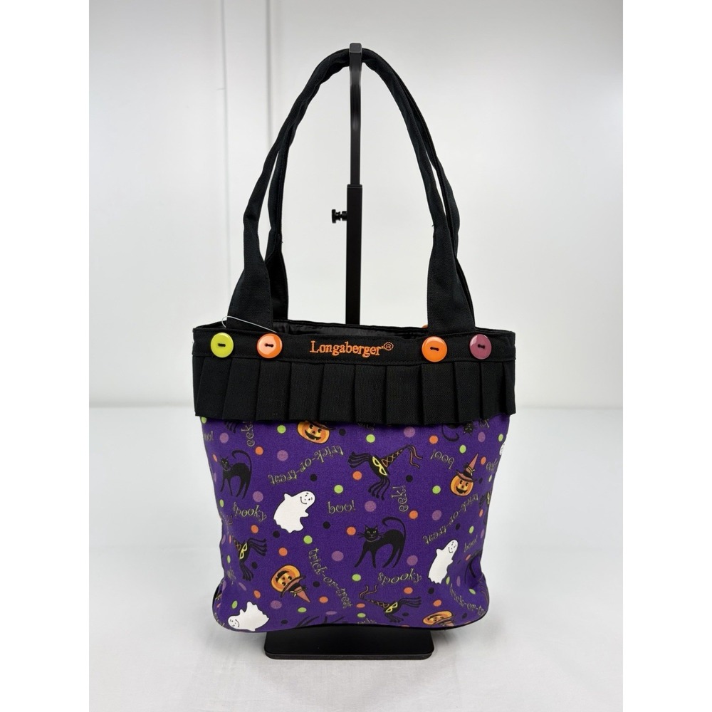 Vintage New Longaberger Halloween Button Tote Bag Pleated Canvas Purse Purple